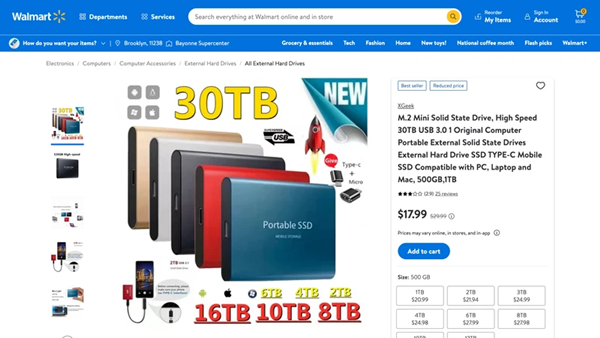 经典骗局再现！沃尔玛上出现30TB移动硬盘 售价只要200块钱 然而...