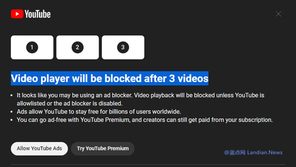 YouTube现在禁止用户使用广告拦截程序 除非解除拦截否则无法观看视频