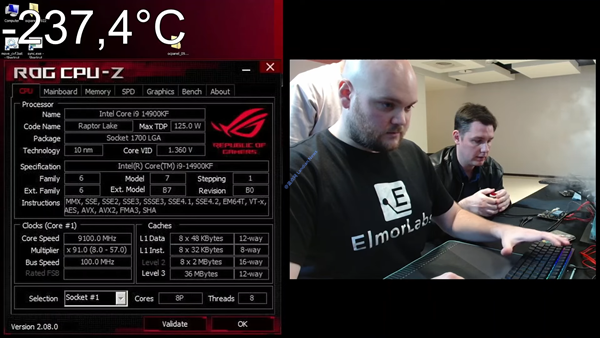 在液氦加持下英特尔全新的i9-14900KF被超频至9.1GHz刷新世界纪录