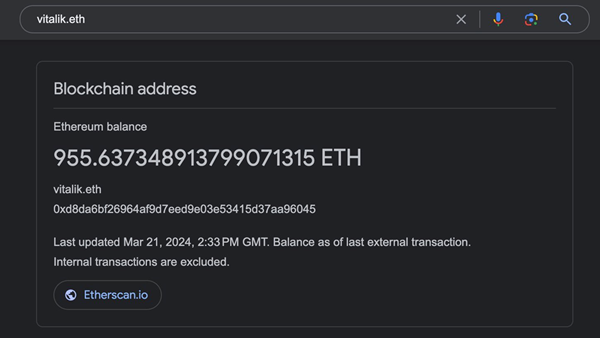谷歌搜索集成以太坊ENS域名查询功能 输入域名后即可查询账户余额