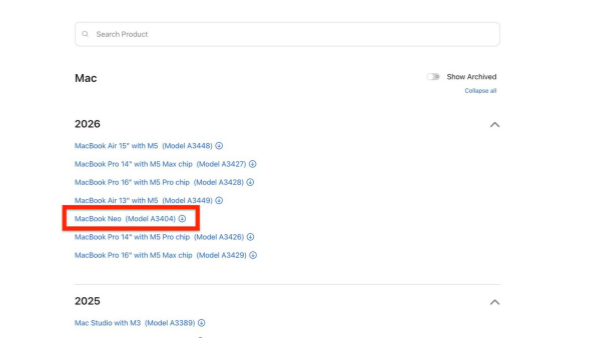 苹果不慎提前泄露搭载A系列芯片的MacBook Neo 性能更低但也更便宜