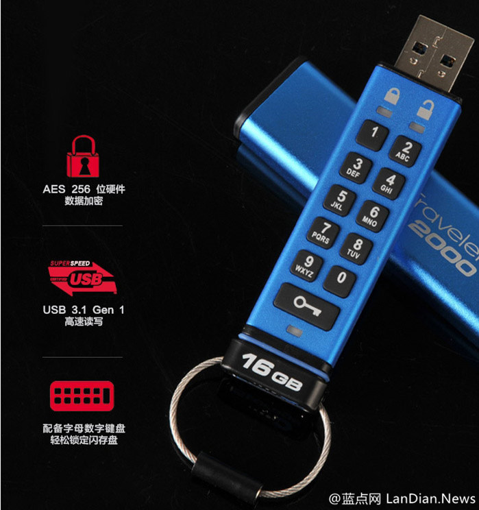 金士顿推出自带数字键盘的安全优盘，采用XTS-AES 256位硬件加密技术