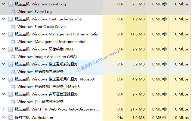 新版Windows 10任务管理器已拆分多个系统服务项